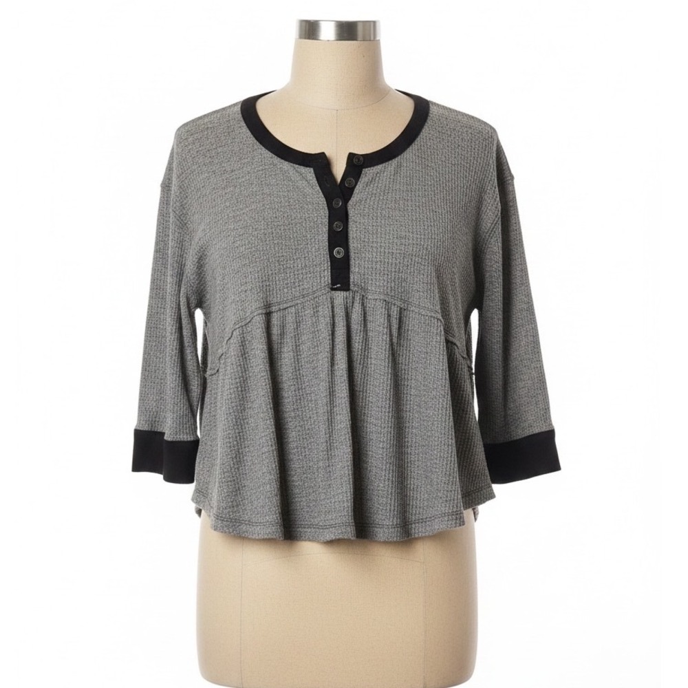 Free People Waffleknit Babydoll Henley Top Gray Black Boho Grunge Oversized M